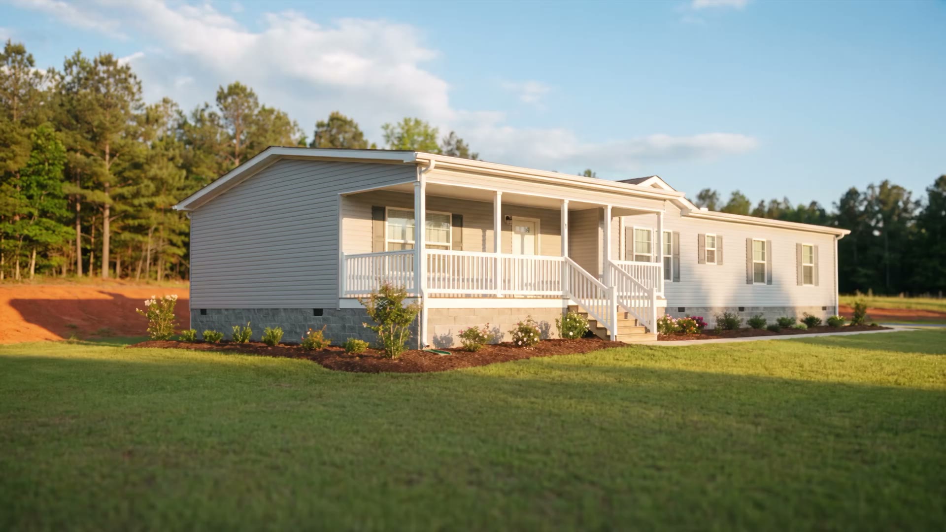 A finished manufactured home with a covered front porch on a manicured green lawn under a blue sky.