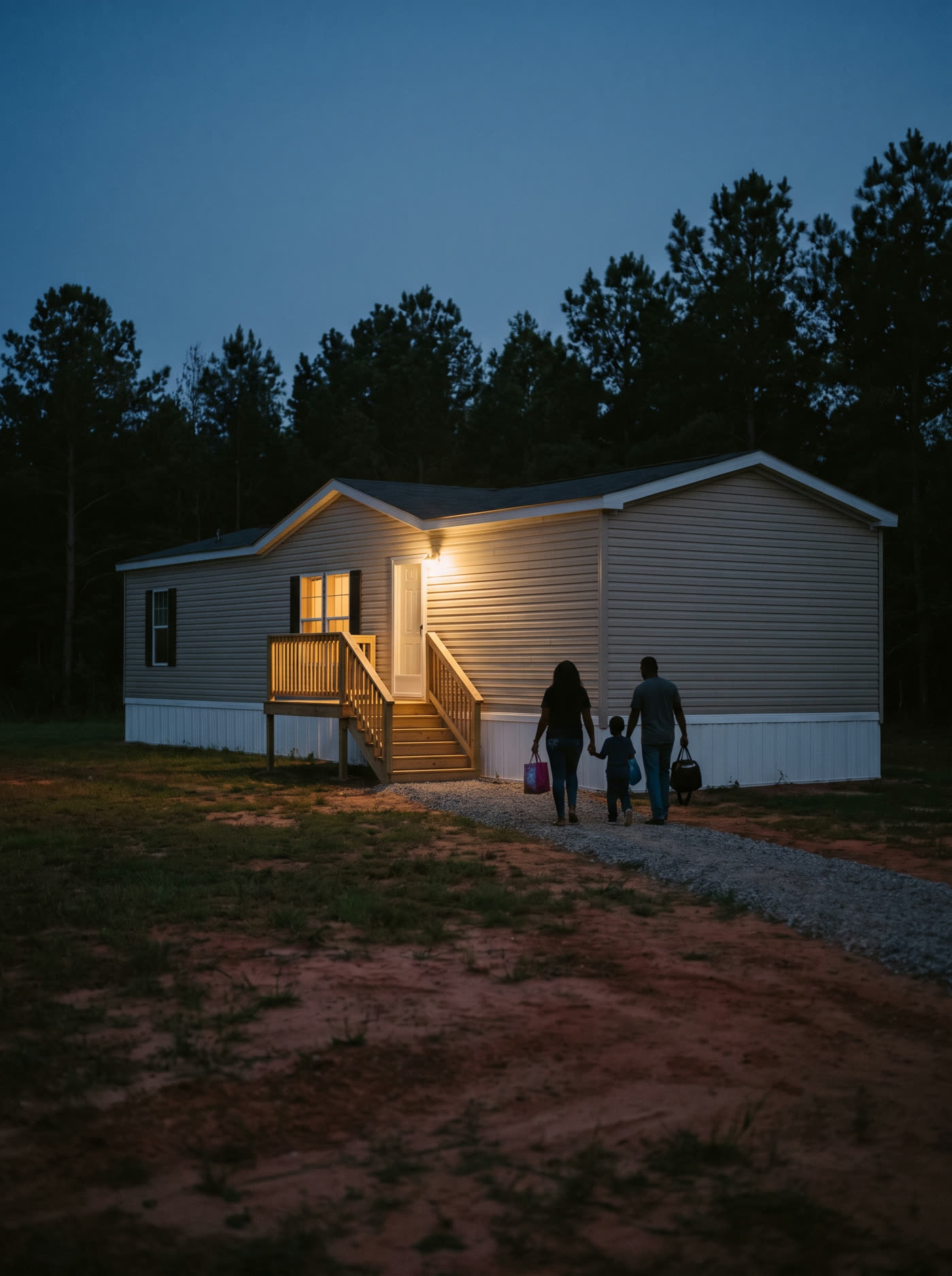 At dusk, a family of three walks up the gravel path toward the lit front porch of their manufactured home.