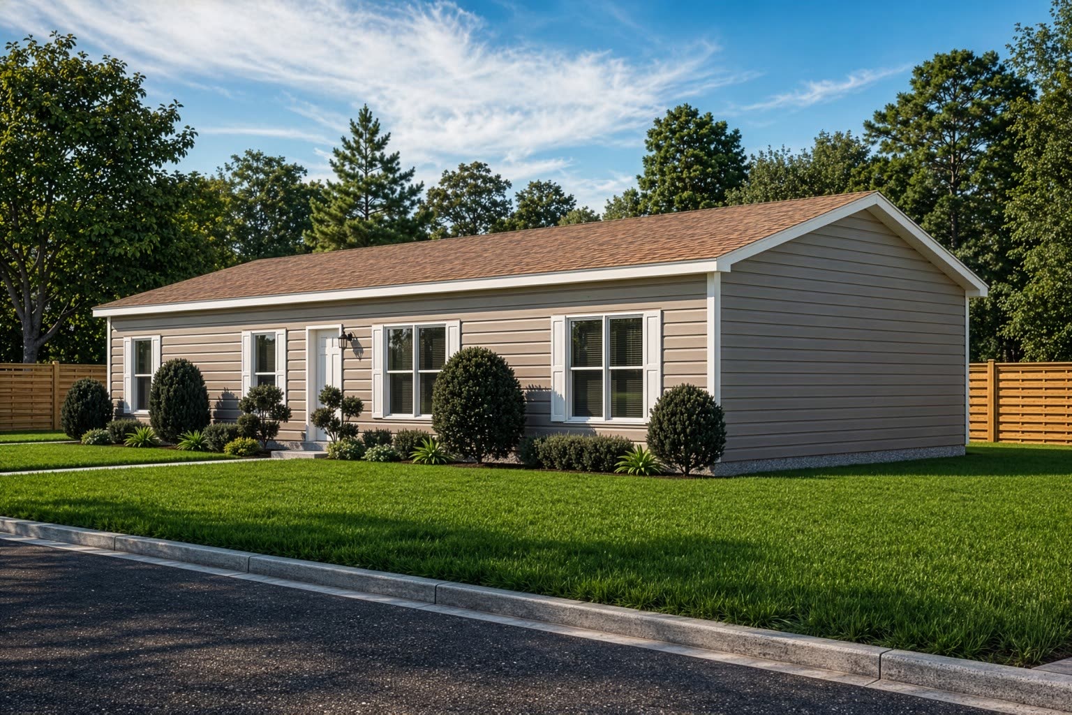 Exterior rendering. Tan lap siding, brown shingle roof.