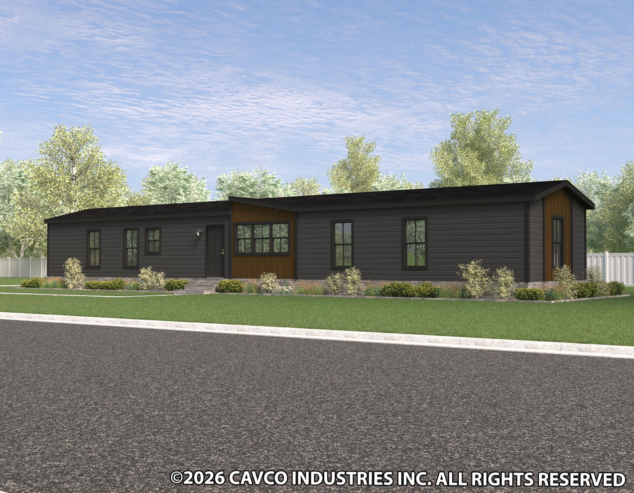 Exterior rendering. Dark siding, wood accent at the entry, low-pitch roof.