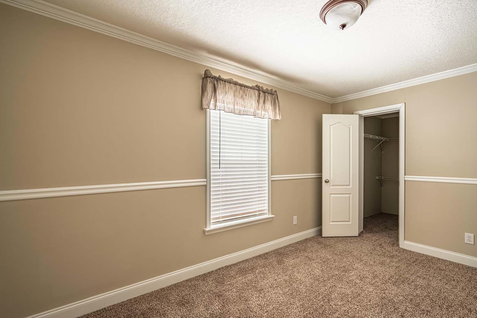 Bedroom. Empty, carpet, window, walk-in closet at right.