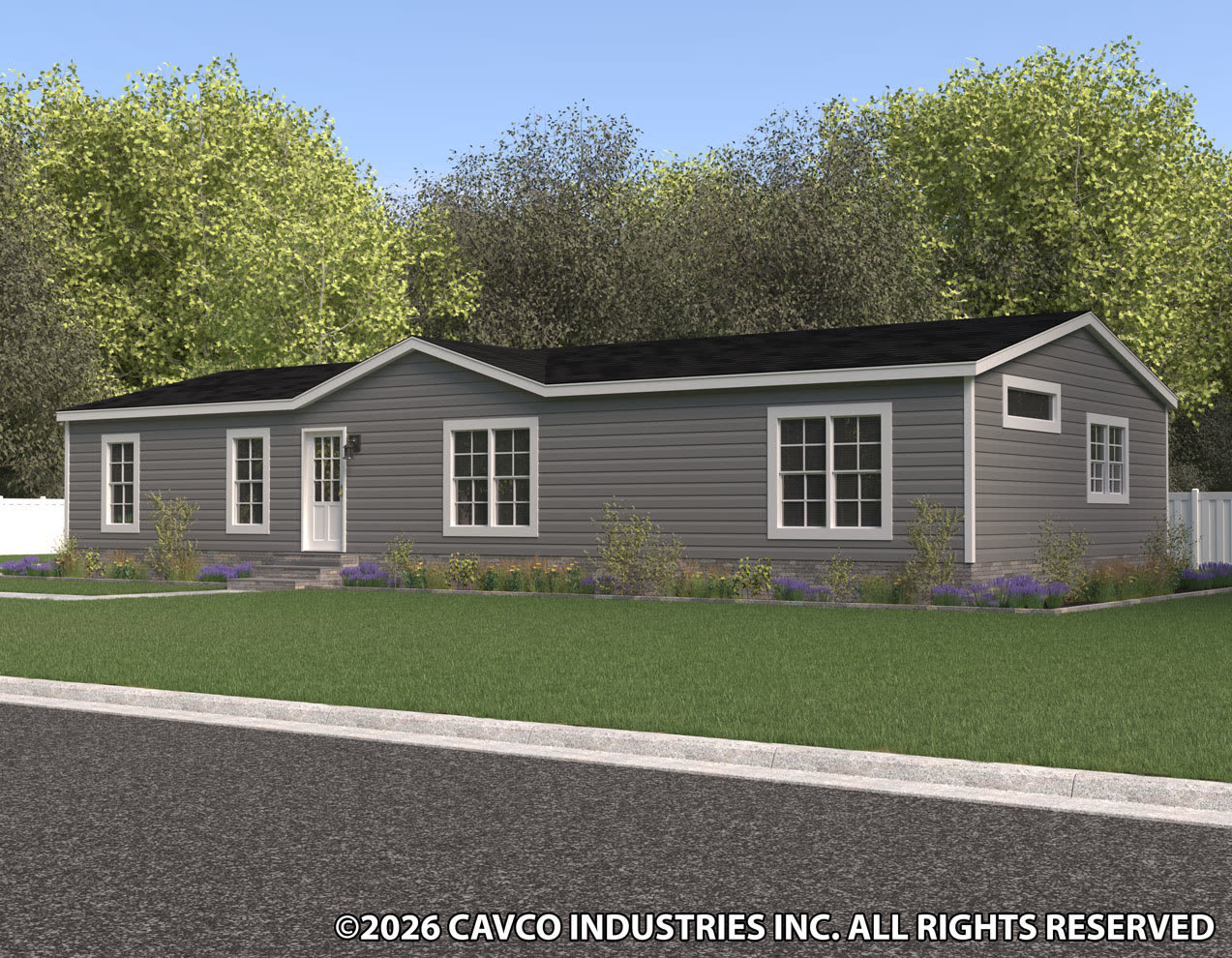 Exterior rendering. Grey lap siding, white trim, dark shingle roof.