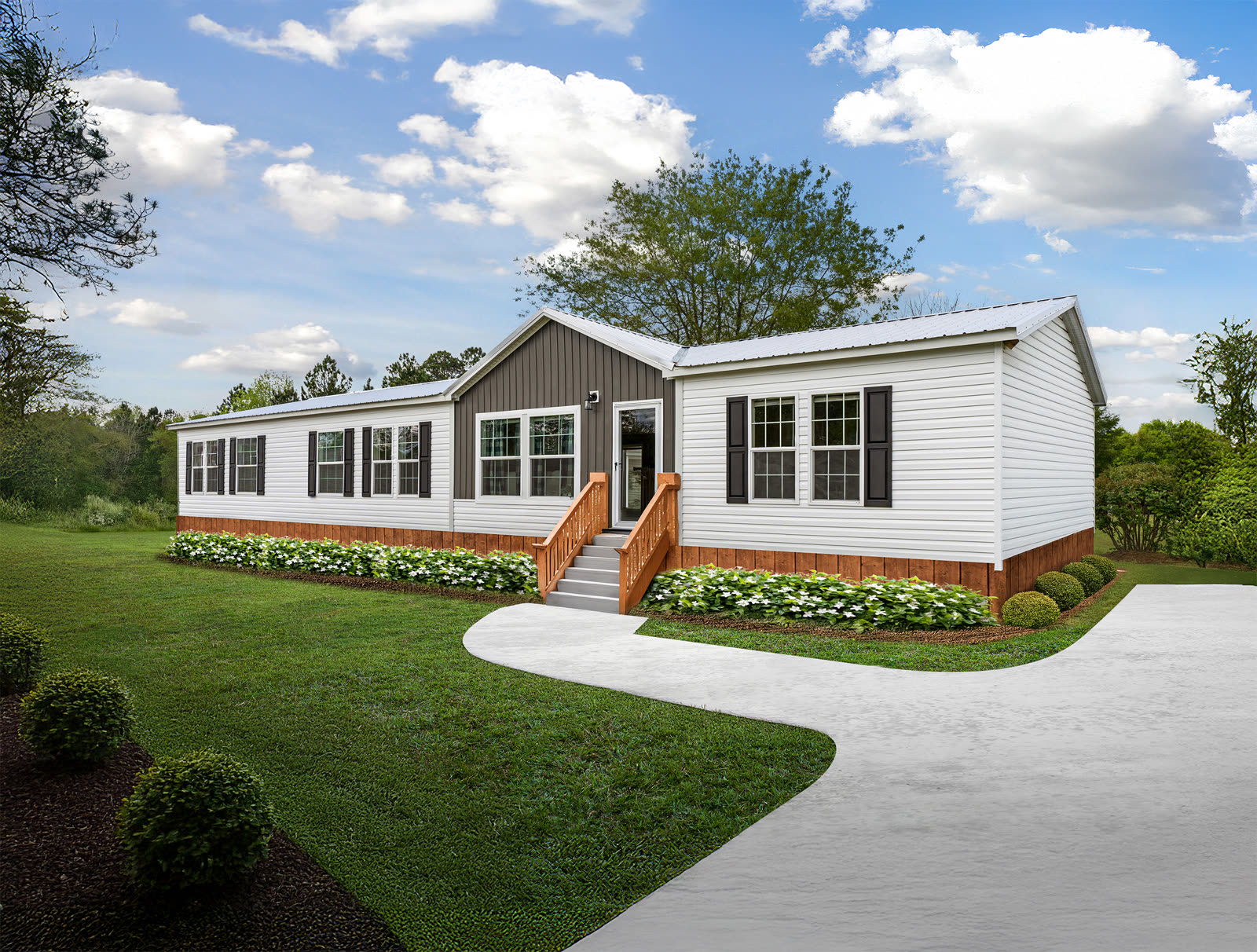 Exterior. Grey board-and-batten gable, white lap siding, black shutters, front steps and lawn.