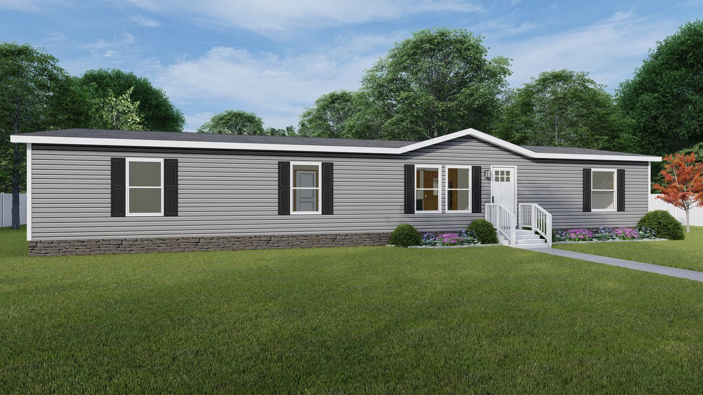 Exterior rendering. Grey lap siding with a charcoal gabled entry, black shutters.