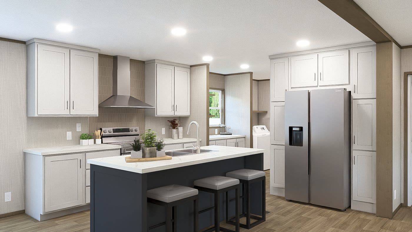 Kitchen, Tranquility finish. White cabinets, navy island with three stools, stainless refrigerator and range hood.