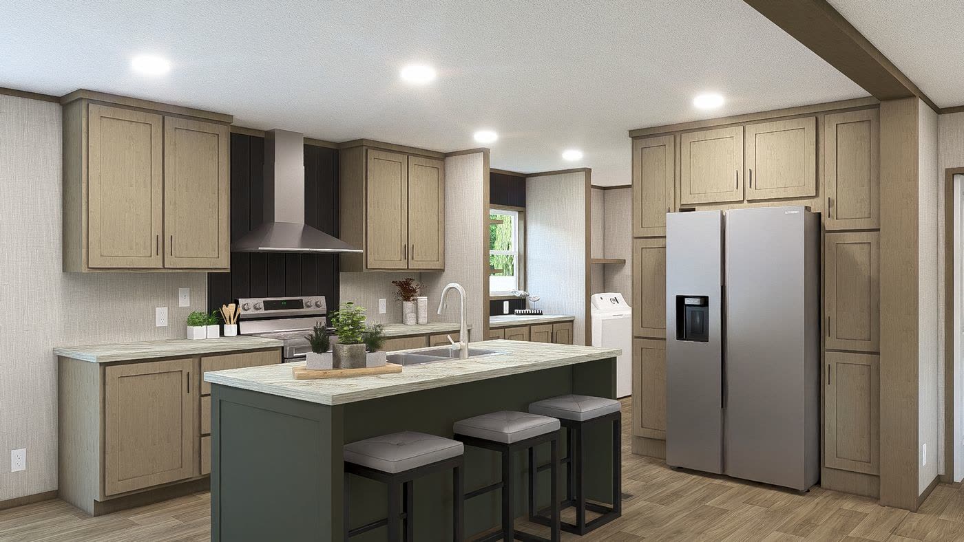 Kitchen, Charwood finish. Light oak cabinets, green island with three stools, stainless refrigerator.