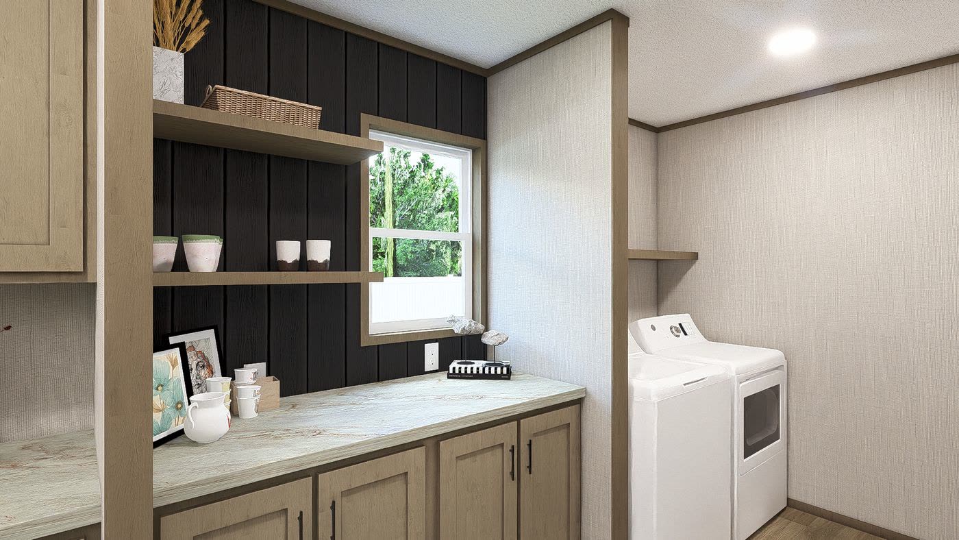 Coffee bar off the kitchen. Black shiplap wall, floating shelves, window, dryer beyond the corner.