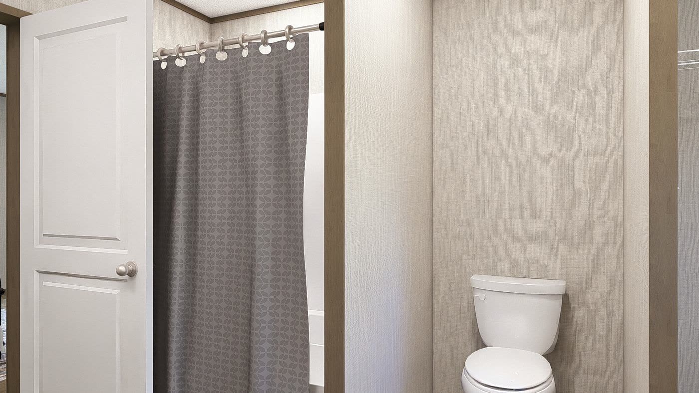 Hall bath. Shower curtain, toilet, open door.