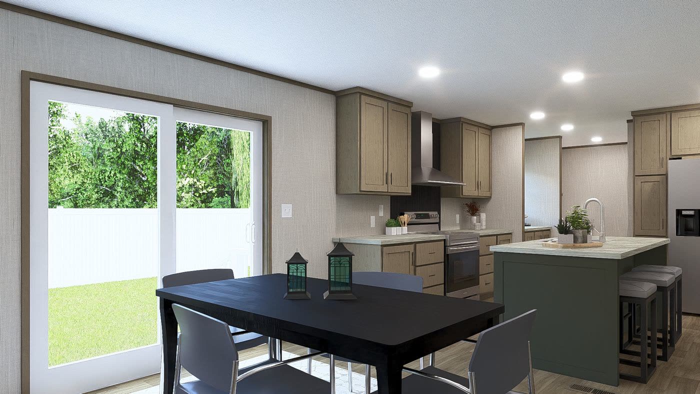 Dining. Black table at the sliding glass door, kitchen island beyond.