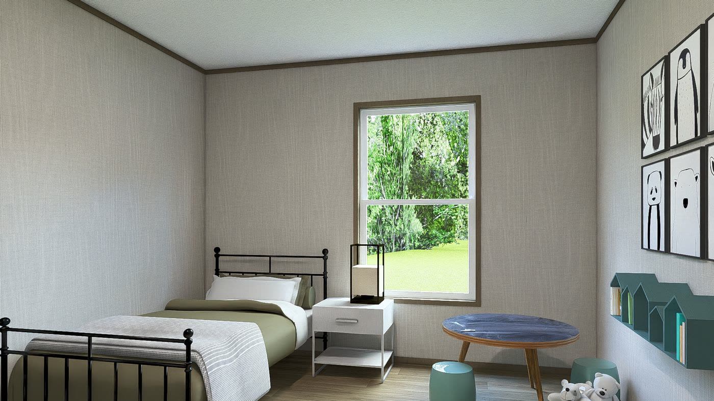 Guest bedroom. Iron single bed under the window, round table, wall shelves.
