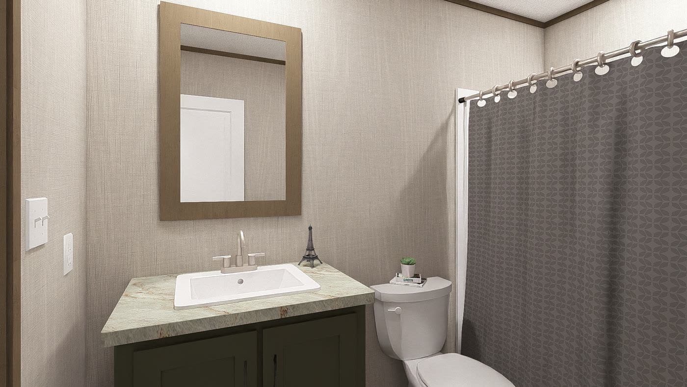 Hall bath. Single vanity with mirror, toilet, shower curtain.