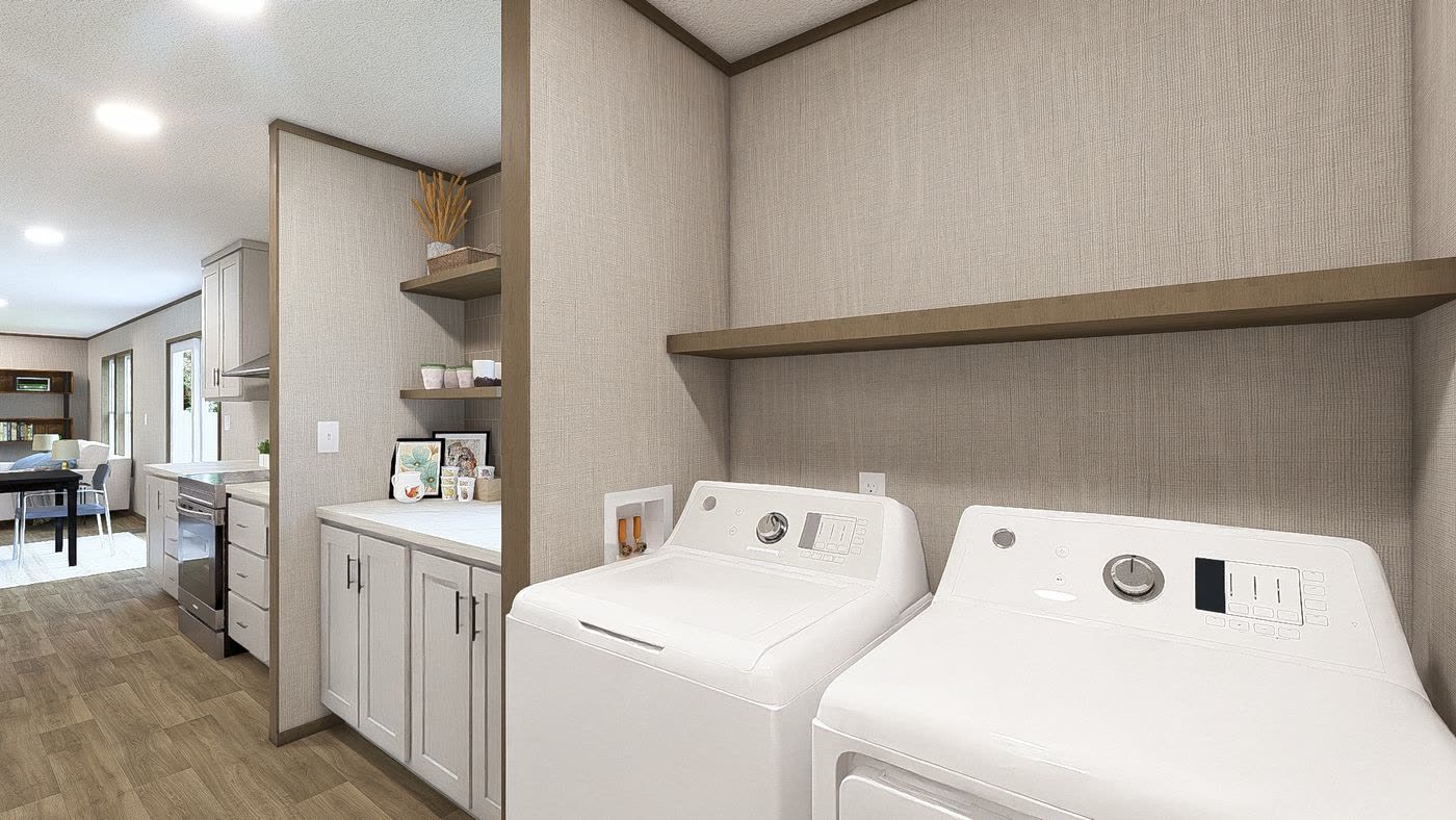 Utility room, second finish. Washer and dryer, floating shelf, kitchen through the doorway.