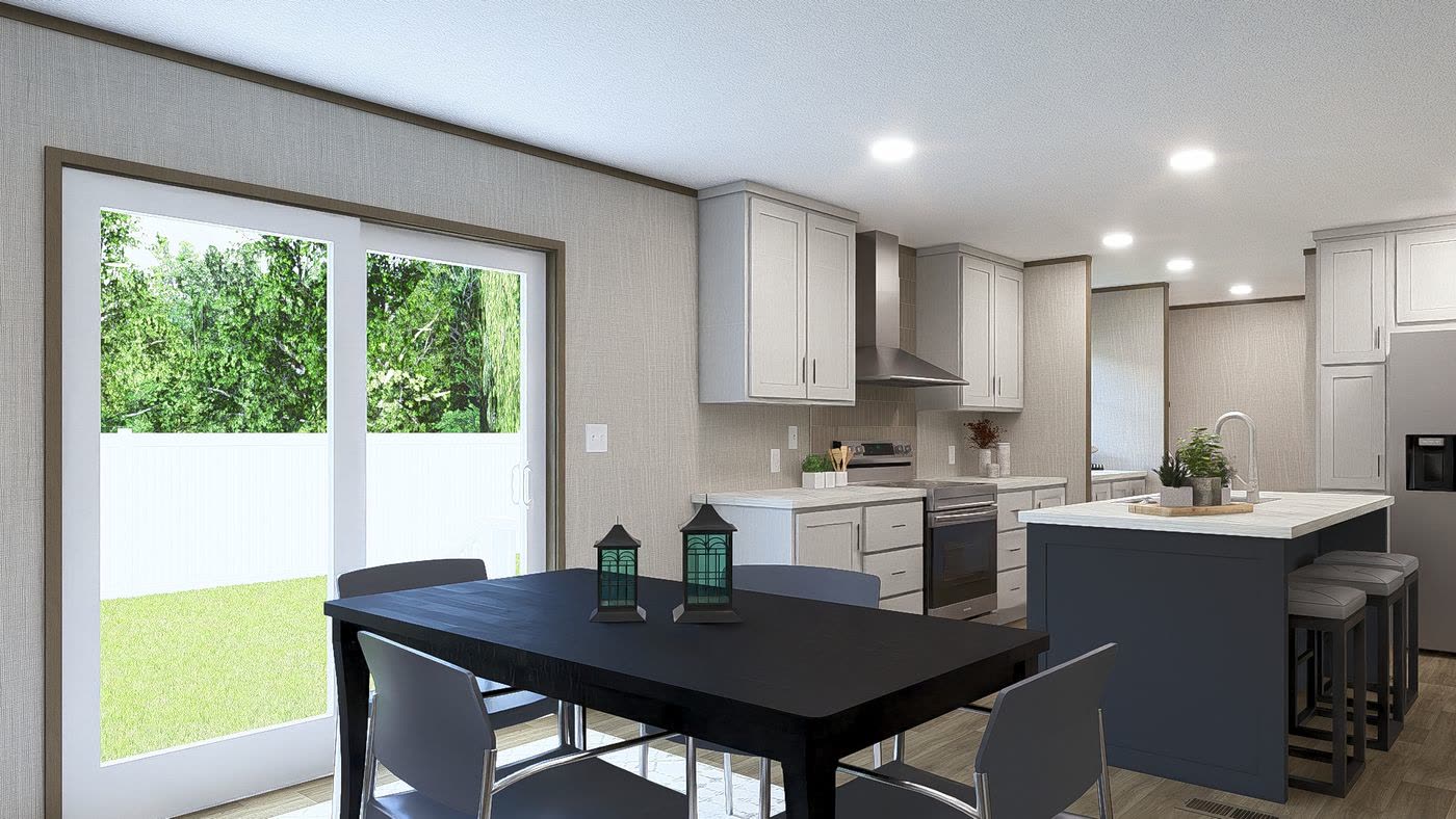 Dining, Tranquility finish. Black table at the sliding door, navy island and white cabinets beyond.