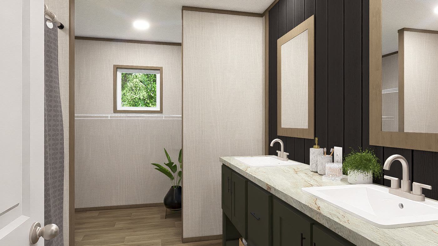 Primary bath, Charwood finish. Double sinks on a green vanity, black shiplap wall, two mirrors.