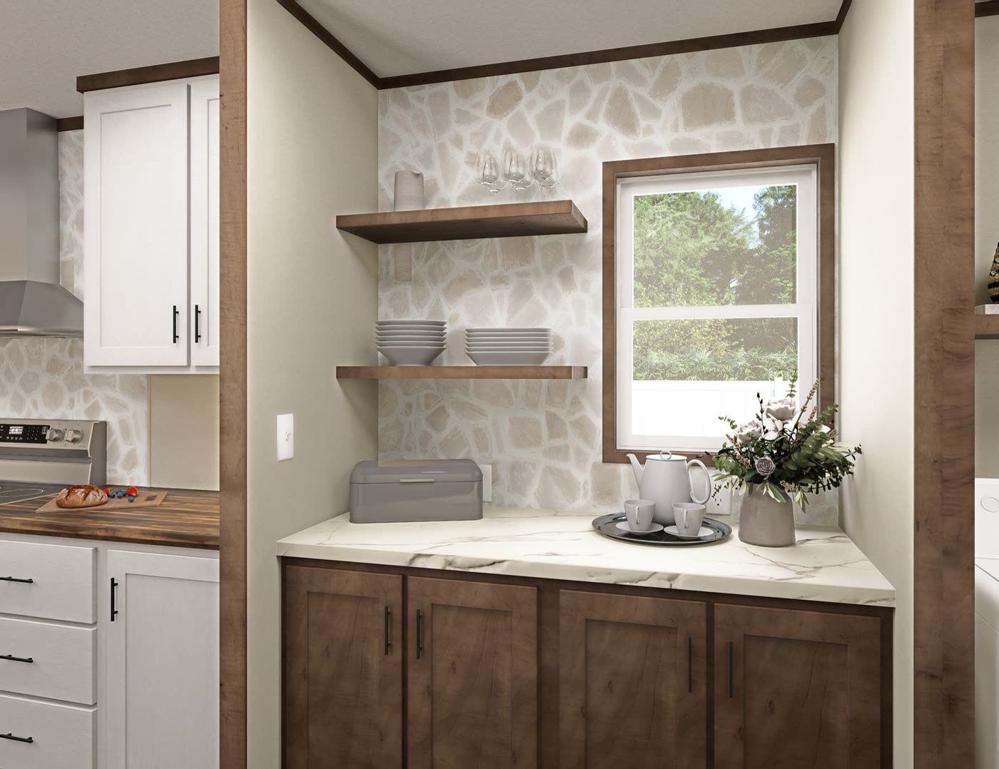 Coffee bar off the kitchen. Floating shelves under the window, brown lower cabinets, range on the left.