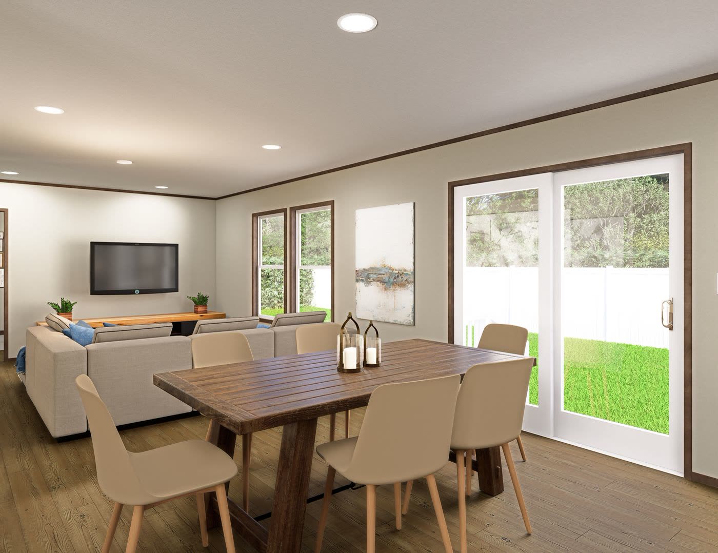 Dining. Wood table and chairs at the sliding glass door, living room beyond.