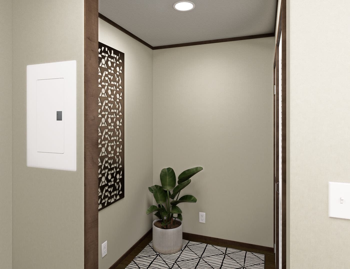 Flex space. Electrical panel, decorative screen, potted plant.