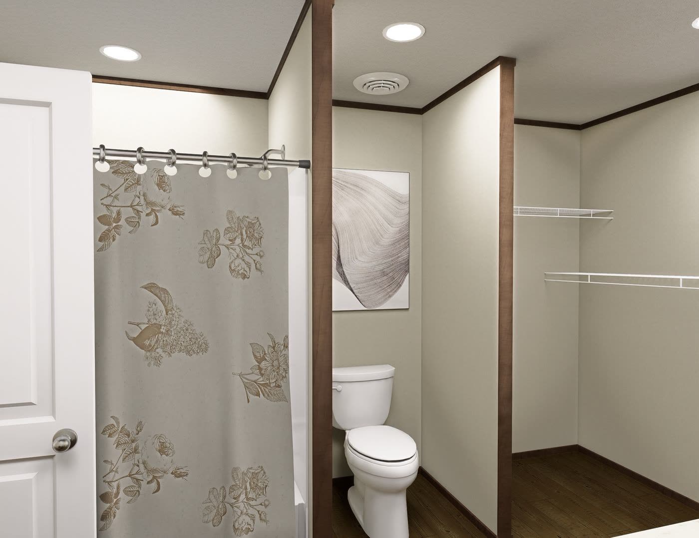 Hall bath. Shower curtain, toilet, closet with shelving beyond.
