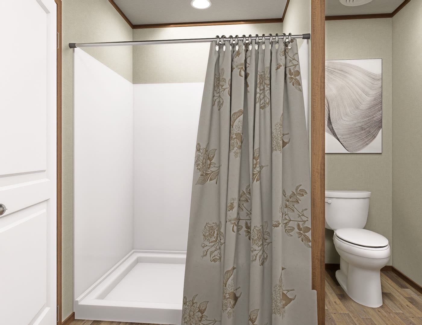 Hall bath. Shower with curtain, toilet.