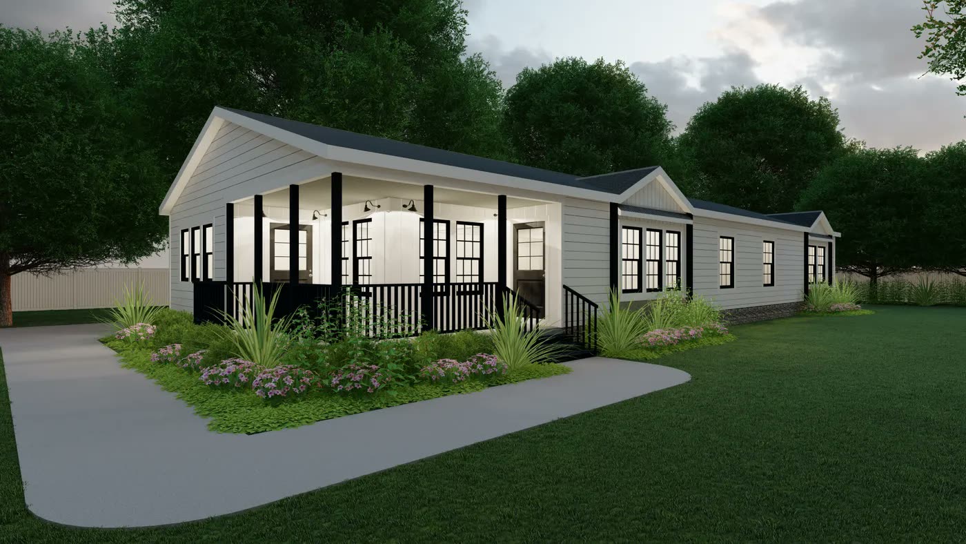 Exterior rendering at dusk. White lap siding, black-trimmed windows, covered porch with the lights on.