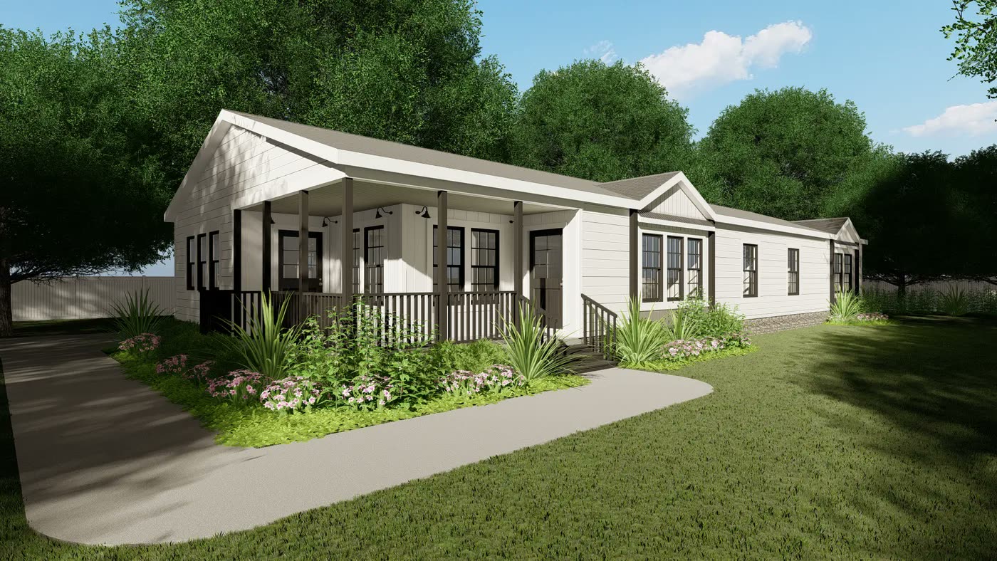 Exterior rendering. White lap siding, dark window trim, covered front porch and walk.
