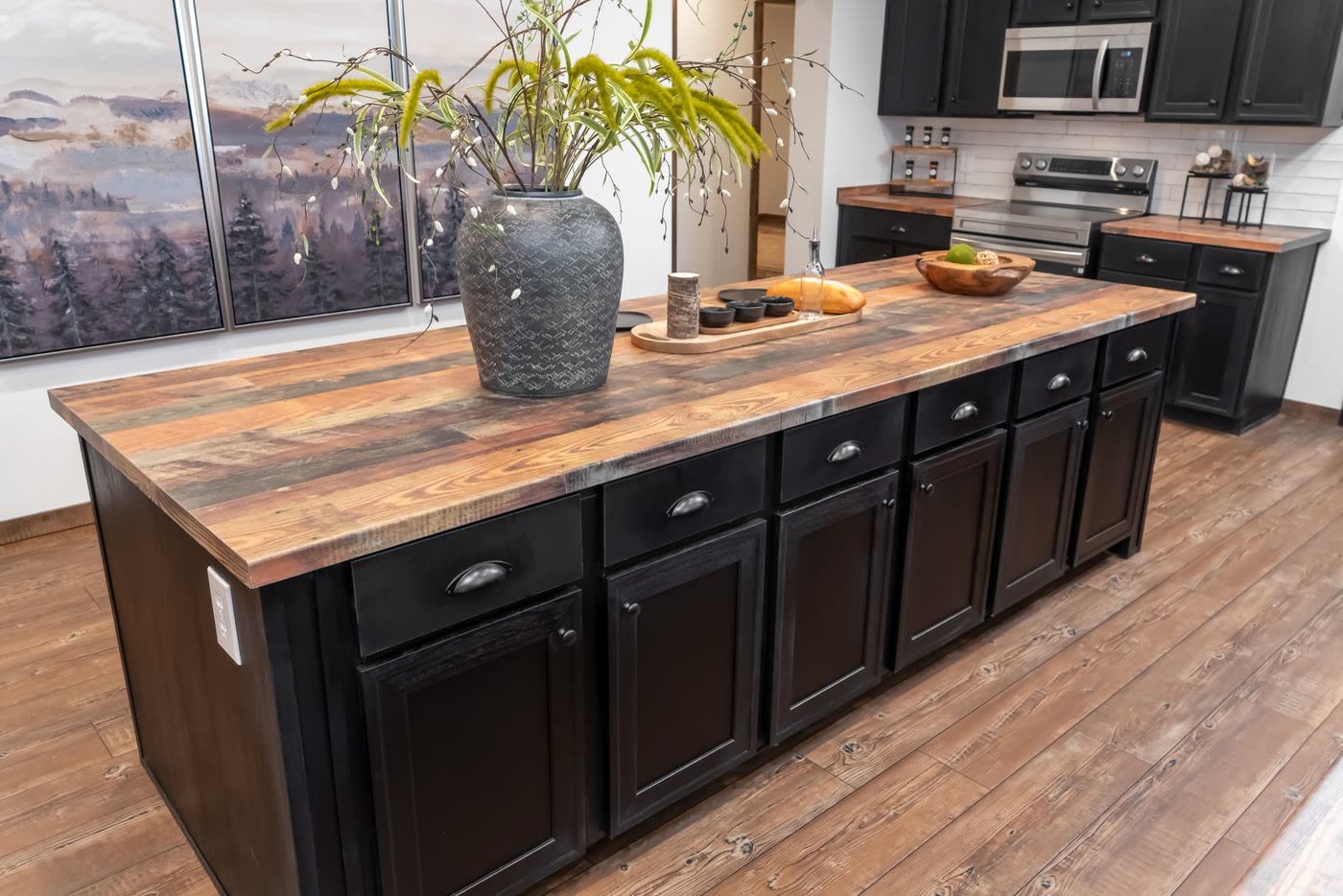 Kitchen island from the living side. Range wall beyond.