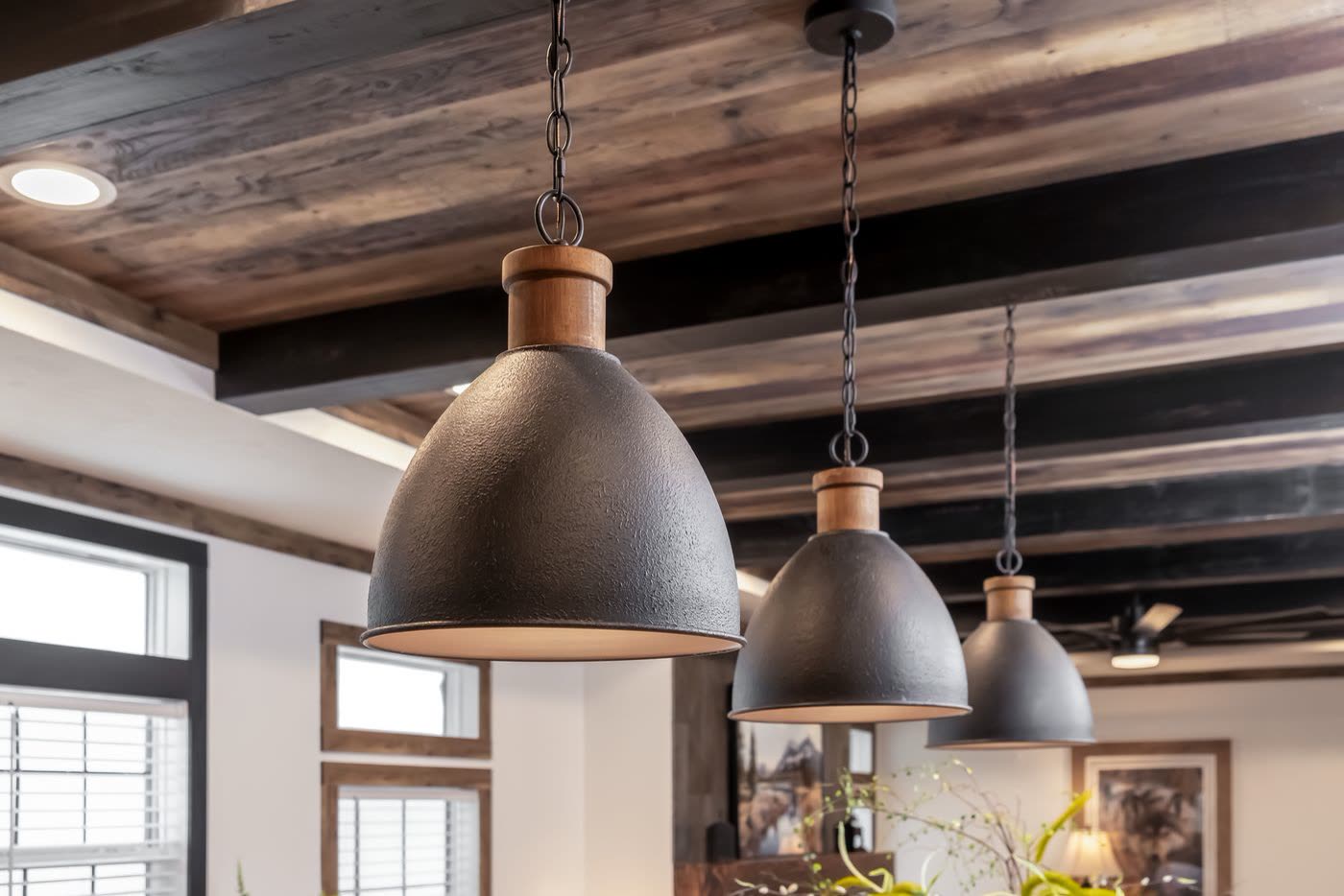 Kitchen. Pendant lights and beamed ceiling detail.